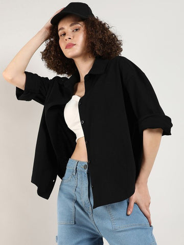 Relaxed Boxy Spread Collar Cotton Shirt