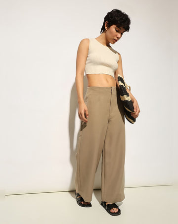 Beige Mid-Rise Loose-Fit Culottes