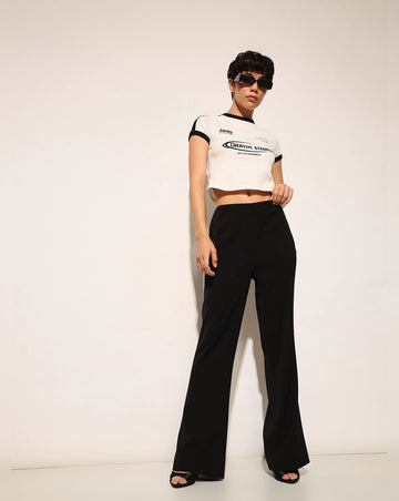 Jet Black High-Rise Straight-Leg Pants with Side Slit