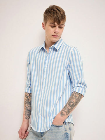 Vertical Striped Slim Fit Casual Shirt – BLUE