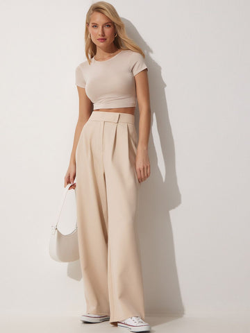 Plain Beige Regular Fit Pleated Parallel Trousers