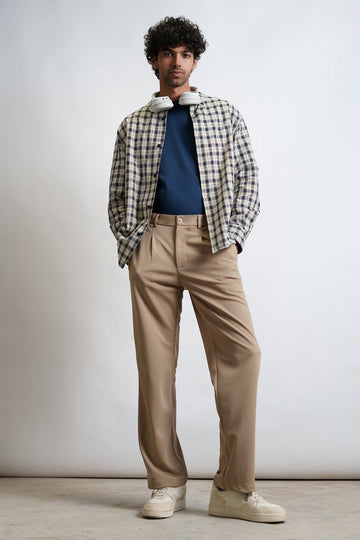 Beige Men's Pleated Straight Korean Pants