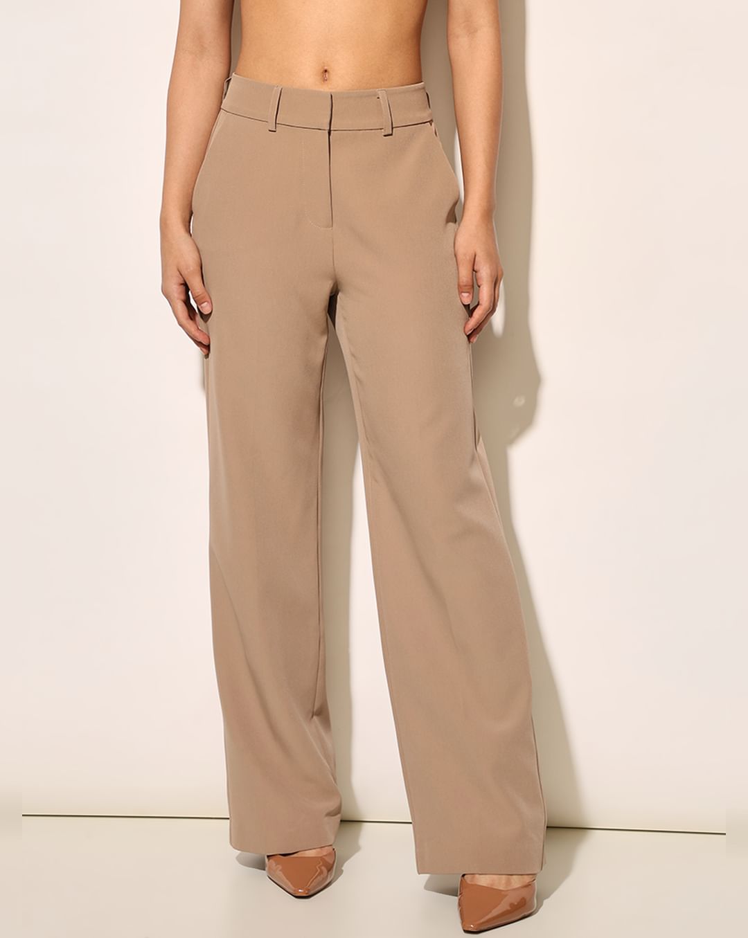 Beige Straight-Fit Tailored Pants