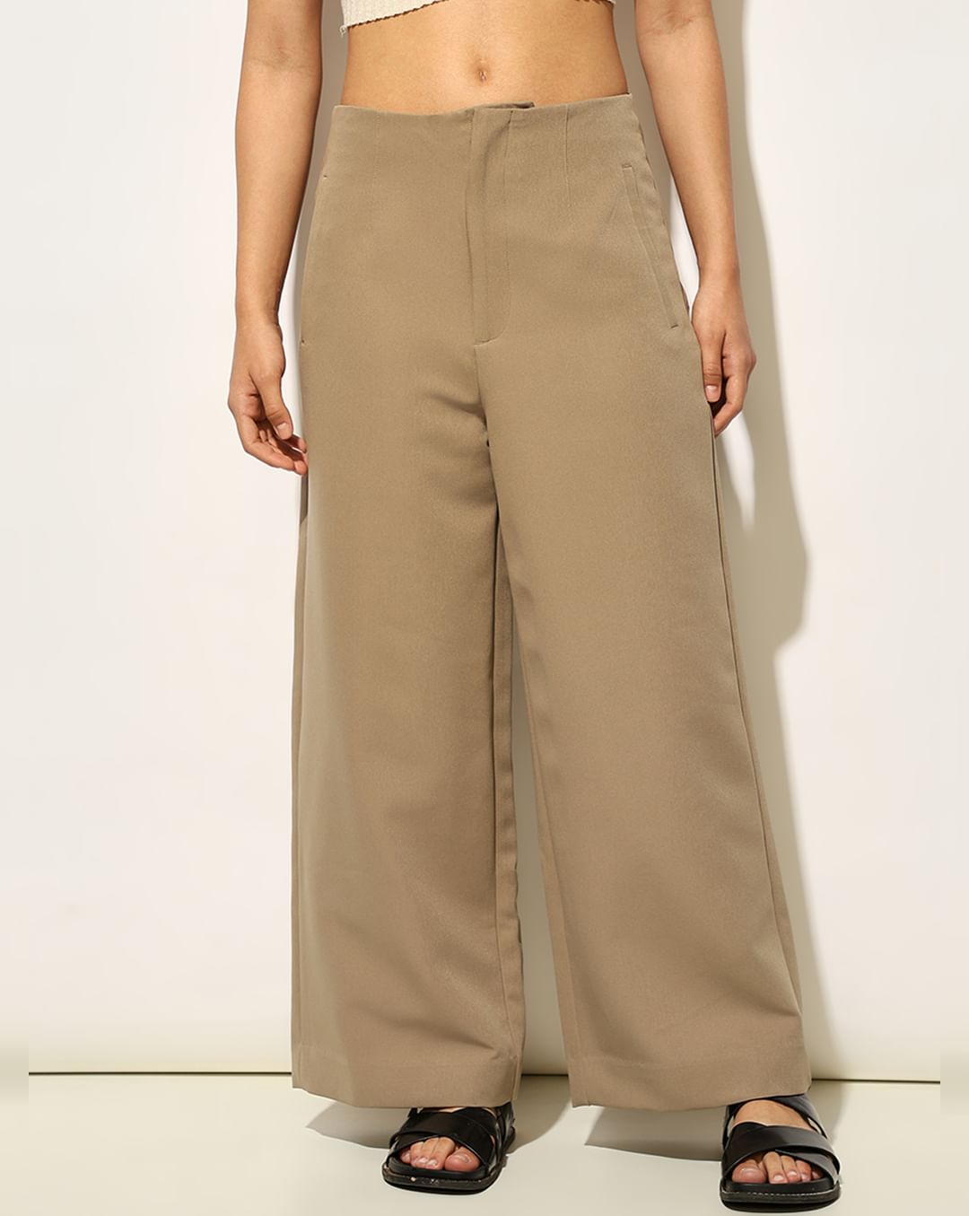Beige Mid-Rise Loose-Fit Culottes