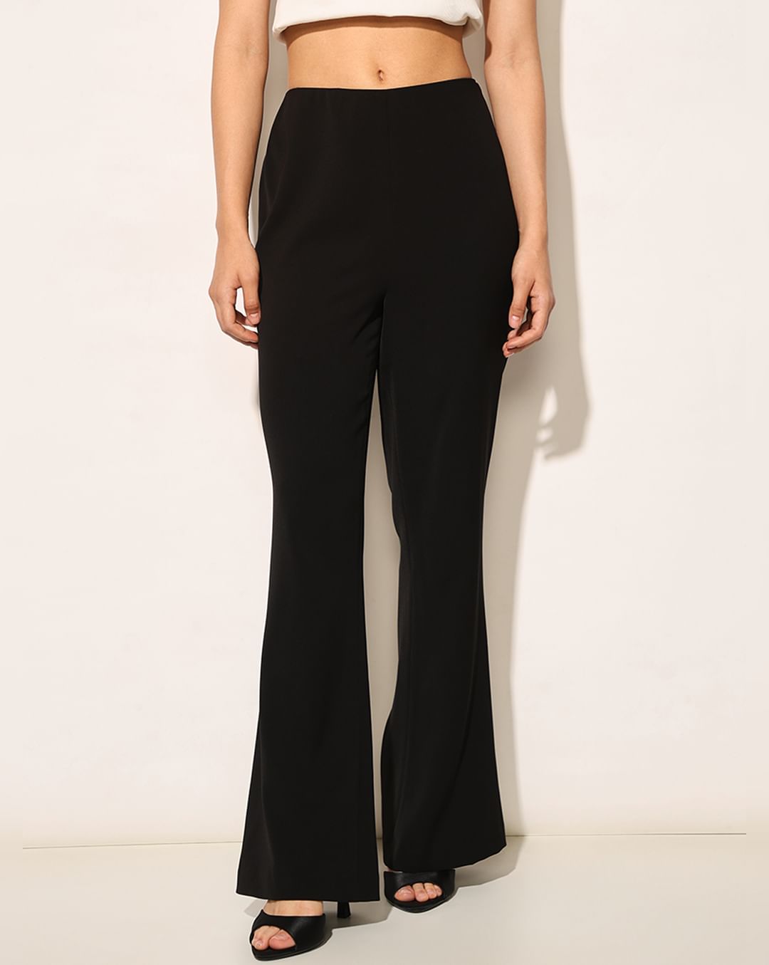 Jet Black High-Rise Straight-Leg Pants with Side Slit
