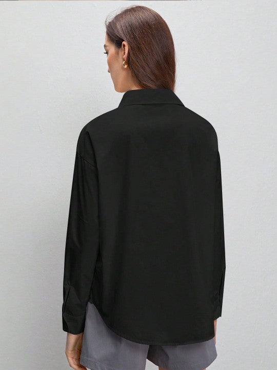 Women Comfort Oversized Fit Spread Collar Solid Cotton Casual Shirt