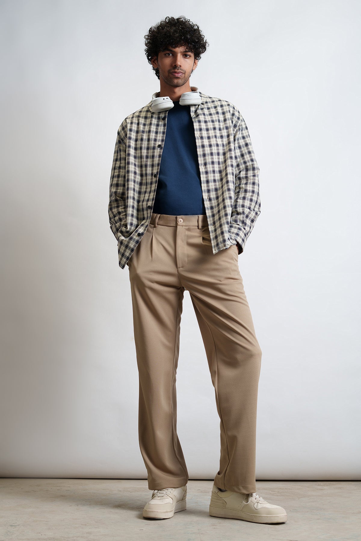 Beige Men's Pleated Straight Korean Pants