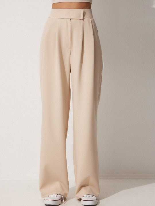 Plain Beige Regular Fit Pleated Parallel Trousers