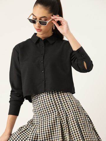 Women Black Solid Cropped Casual Shirt